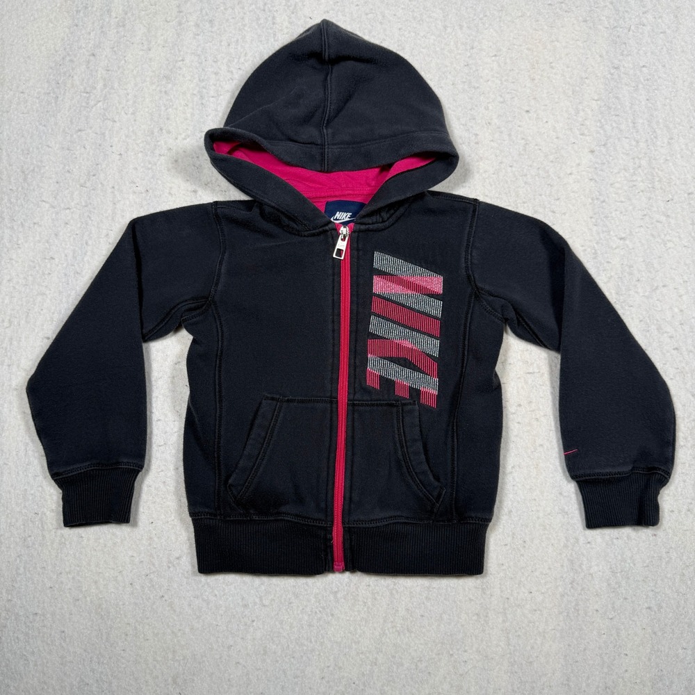 Nike Kids Full Zip Hoodie Black Pink Embroidered Graphic Sweatshirt Size 4